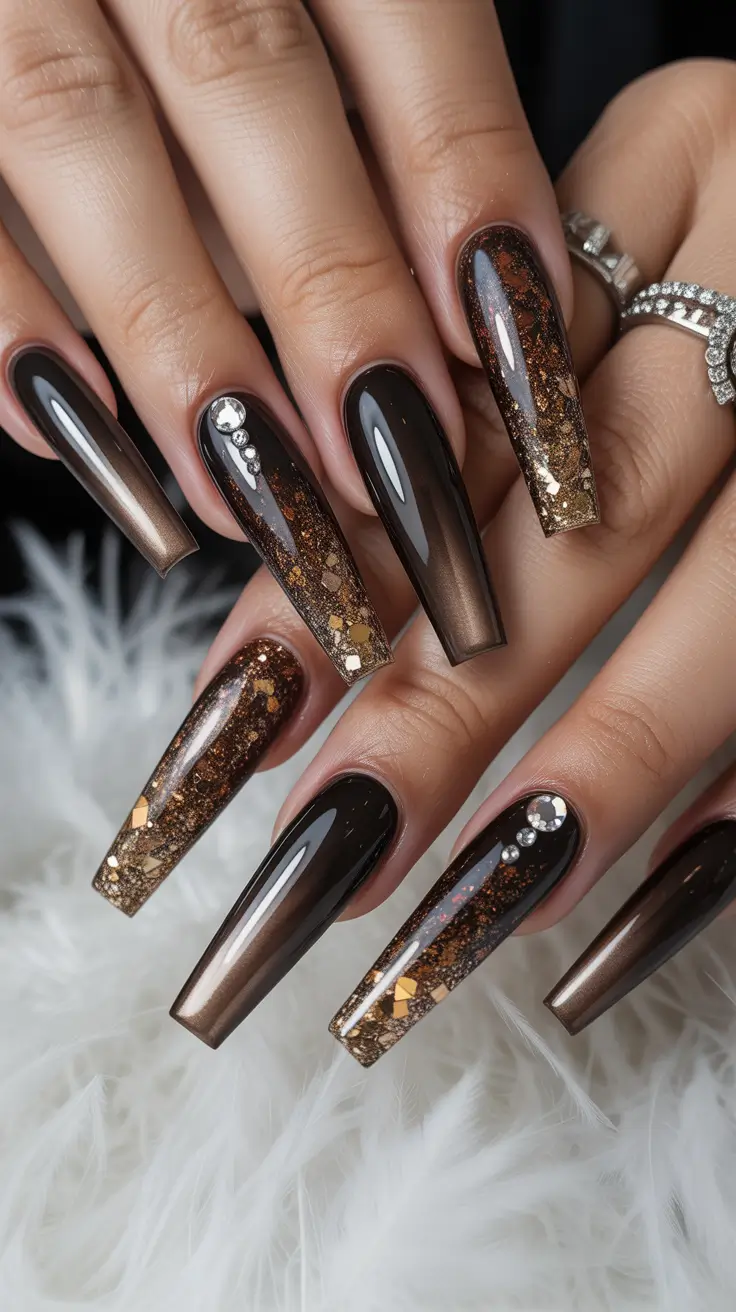 Fall glitter nails 2025 Mocha Ombre with Crystal Accents