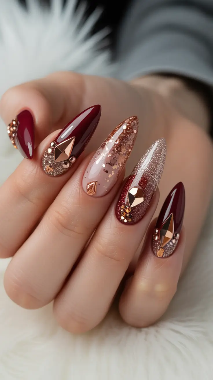 Fall glitter nails 2025 Garnet Glam with Jewel Accents