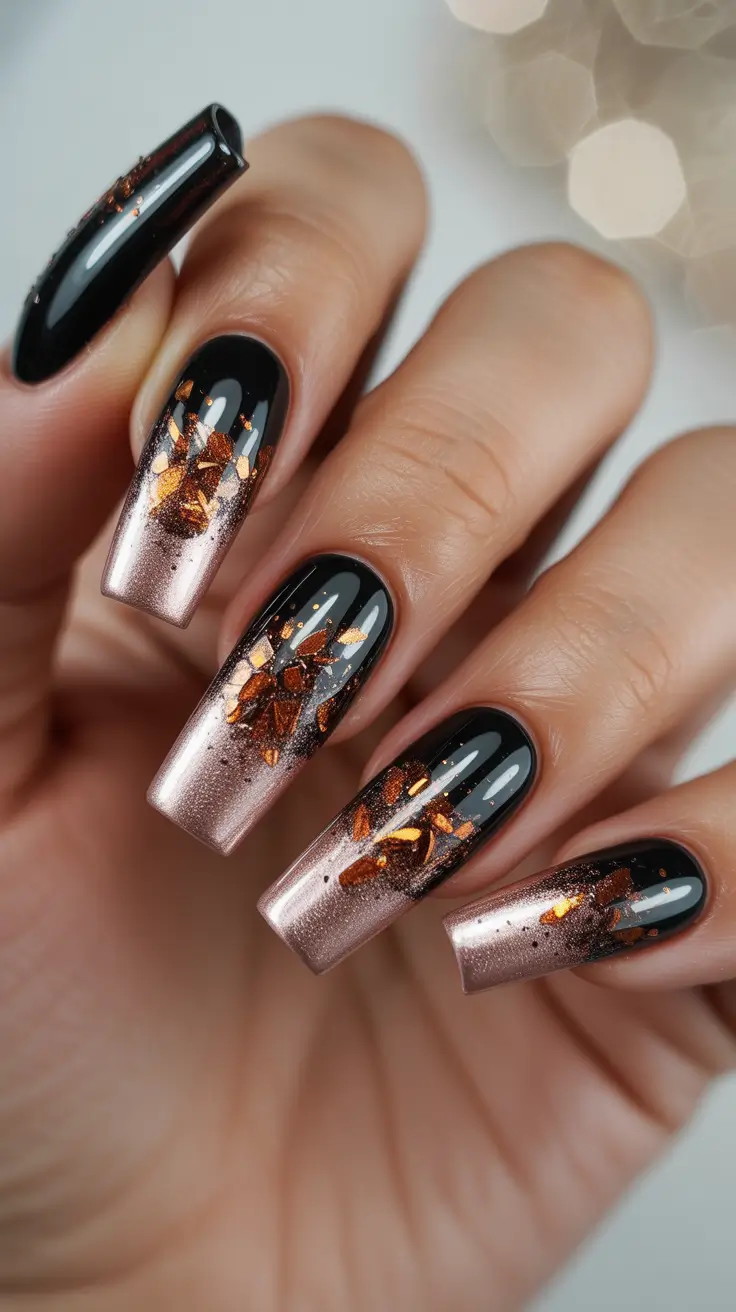 Fall glitter nails 2025 Rose Gold and Black Contrast