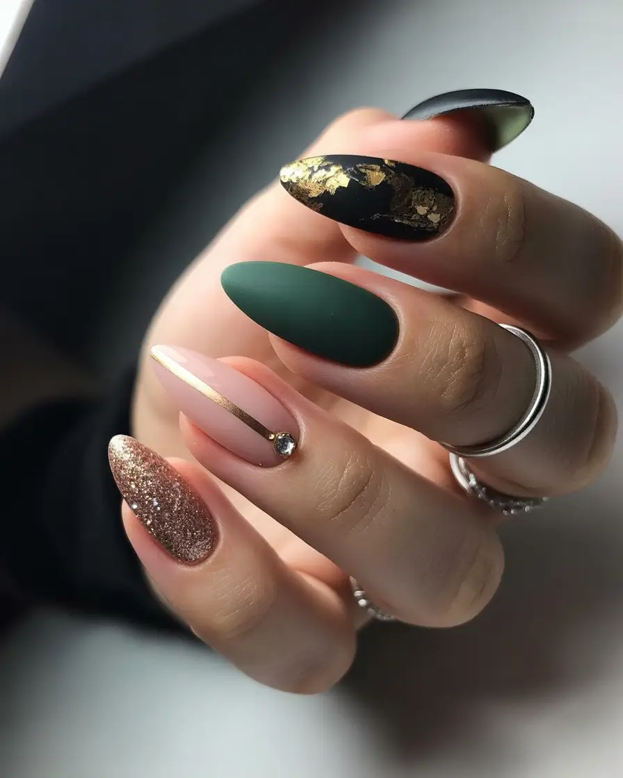 Fall glitter nails 2025 Forest Green and Golden Mix