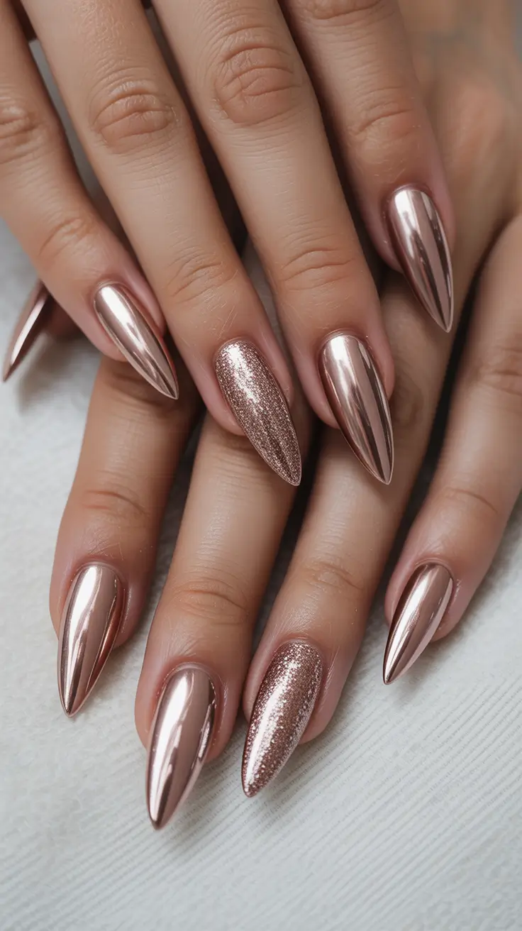 Trendy Fall Glitter Nails 2025 Rose Gold Mirror Shine
