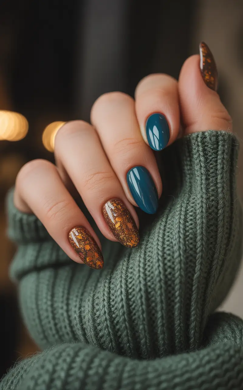 Fall glitter nails 2025 Teal and Amber Contrast