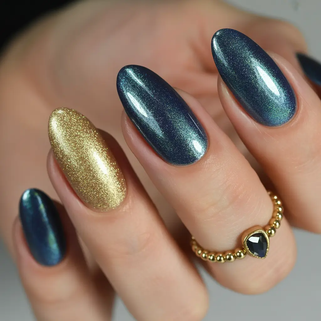 Trendy Fall Glitter Nails 2025 Midnight Blue and Gold Accent