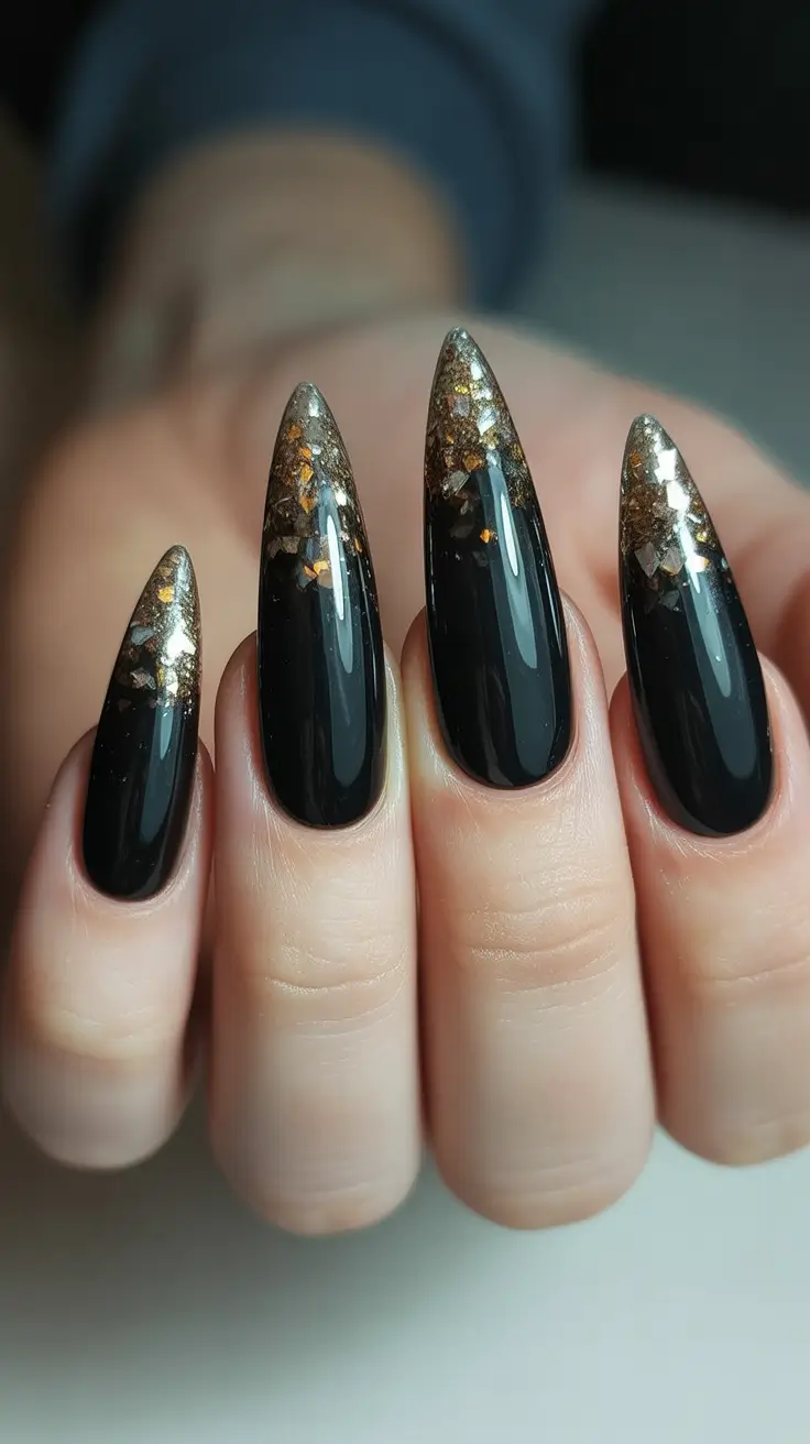 Trendy Fall Glitter Nails 2025 Black and Gold Leaf Tips
