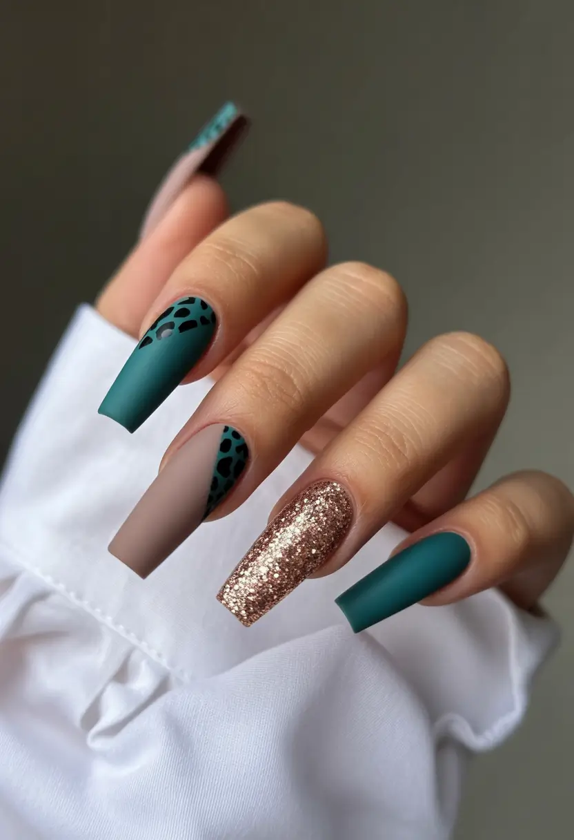 Trendy Fall Glitter Nails 2025 Teal Matte with Glitter Contrast