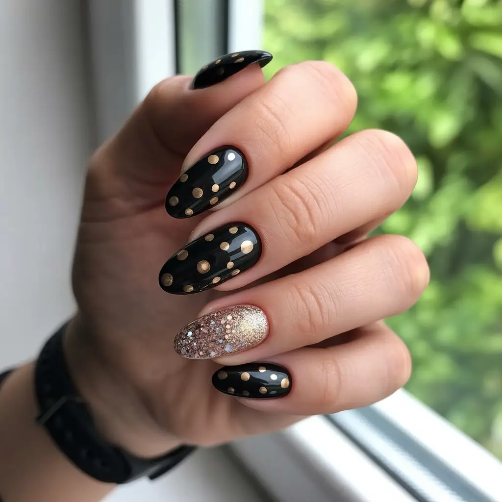 Trendy Fall Glitter Nails 2025 Golden Polka Dot Glam