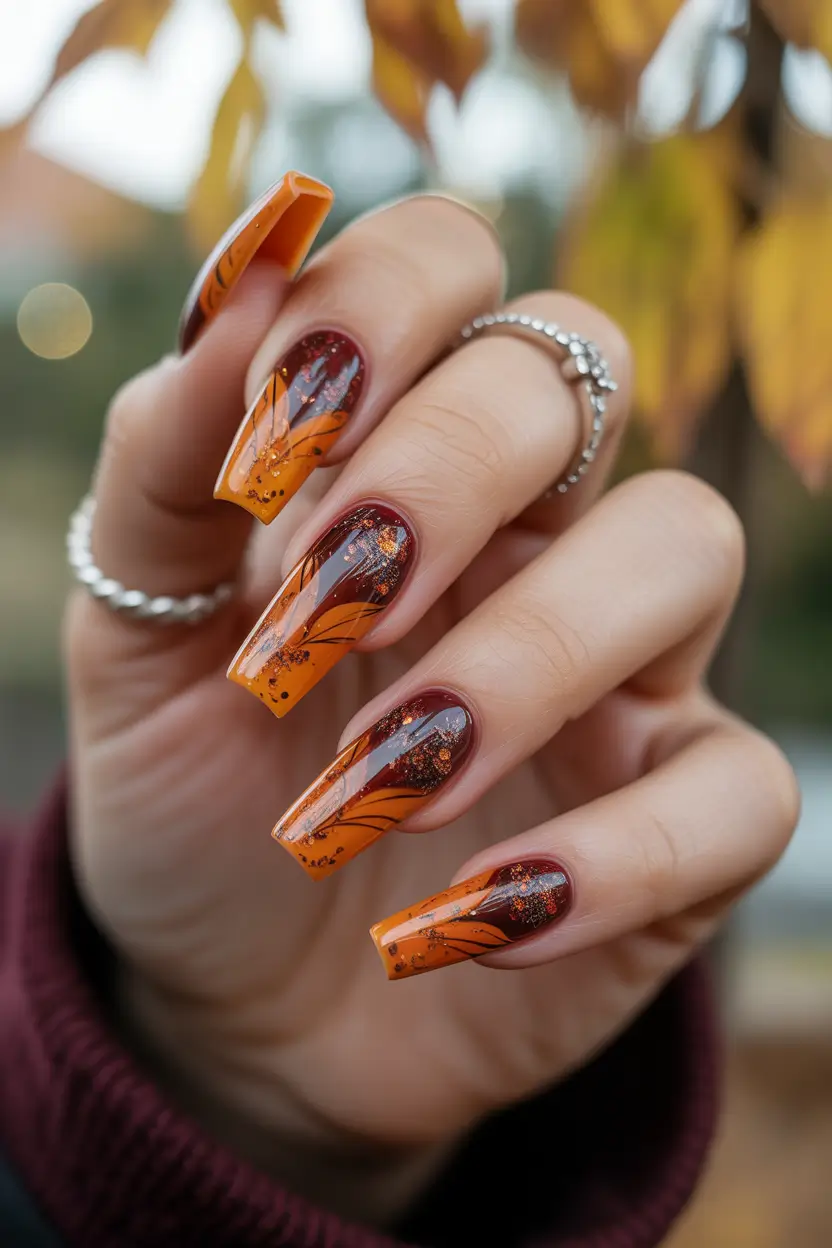 Fall glitter nails 2025 Autumn Sunset Ombre
