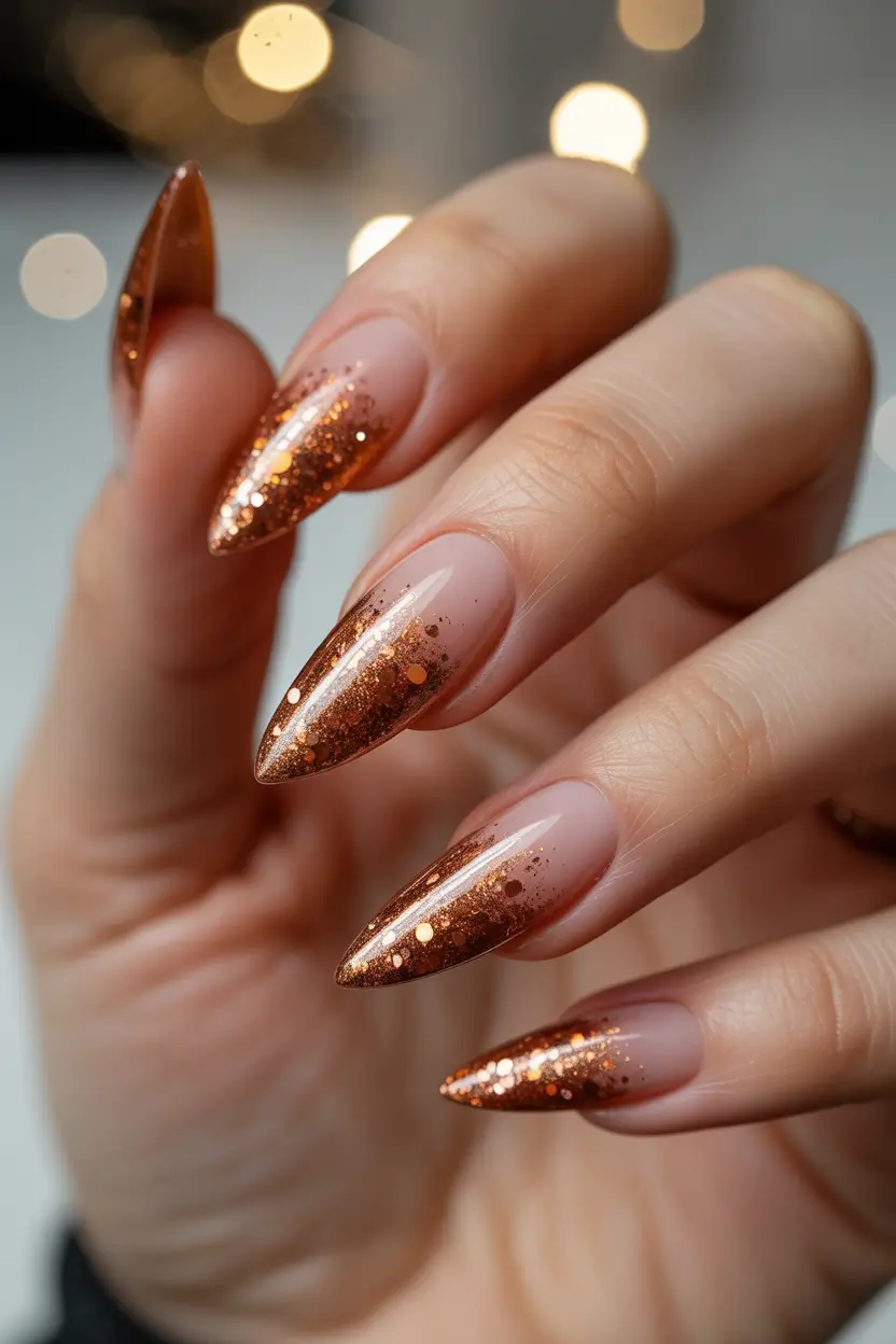Fall glitter nails 2025 Bronzed Almond Sparkle