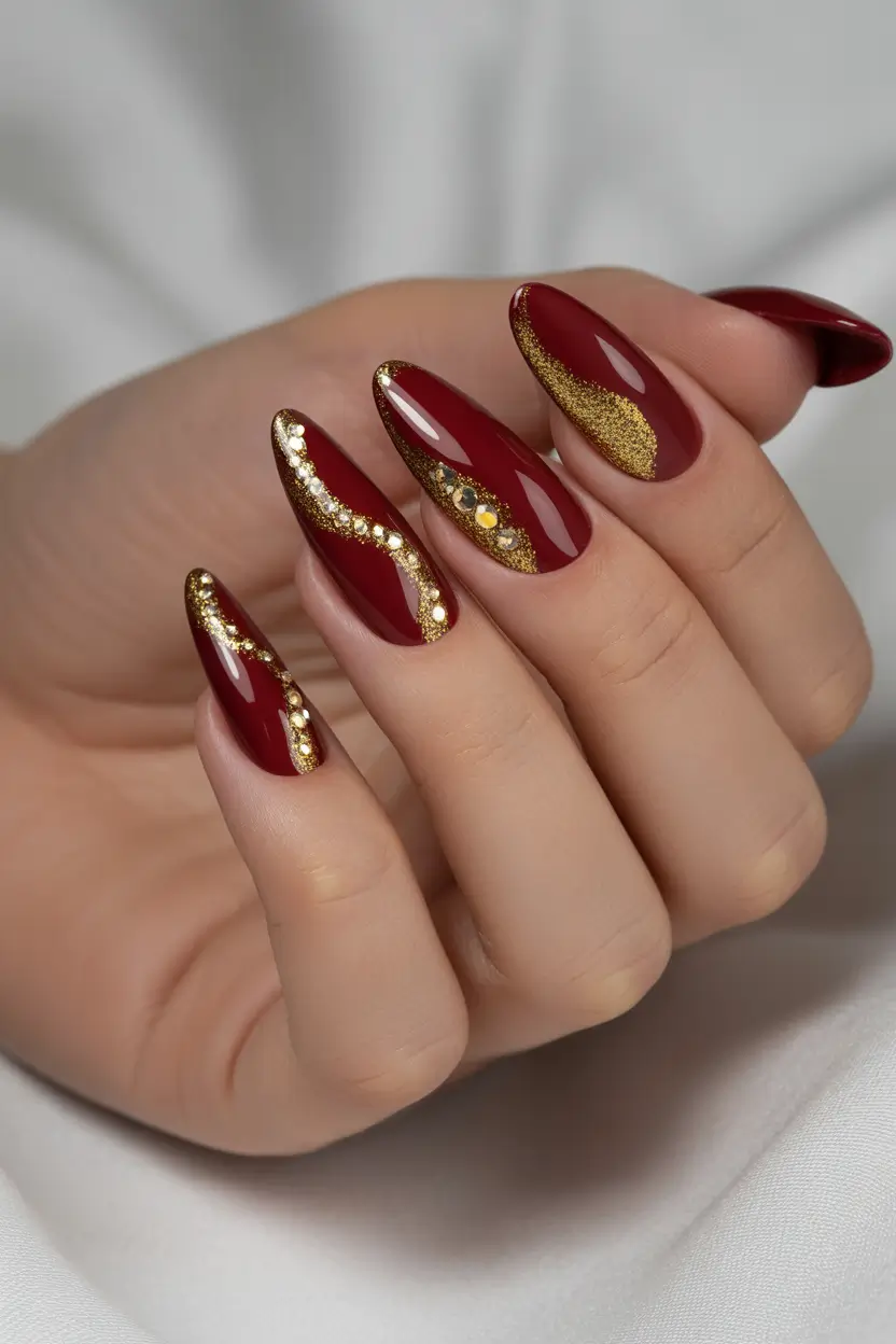 Fall glitter nails 2025 Royal Red with Golden Waves