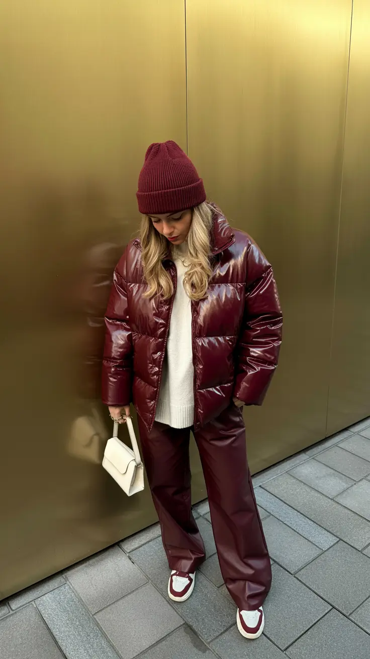 winter fashion outfits 2025-2026 Glossy Textures & Burgundy Power
