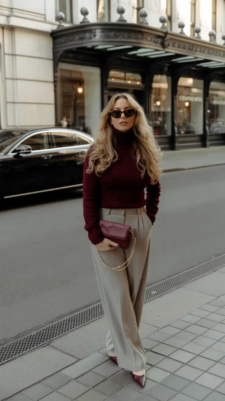 trendy winter outfits 2025/2026 Wine Red Luxe for City Strolls