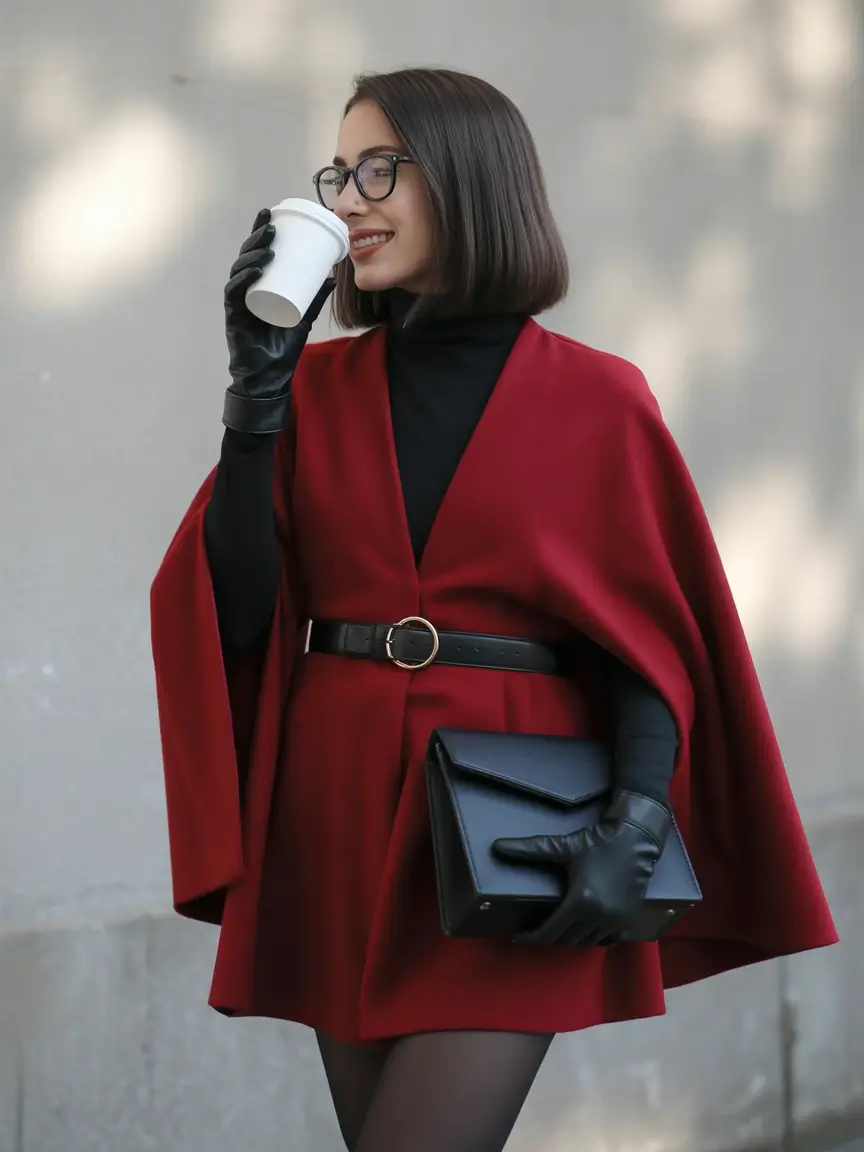 trendy winter outfits 2025/2026 Crimson Cape and Belted Boldness