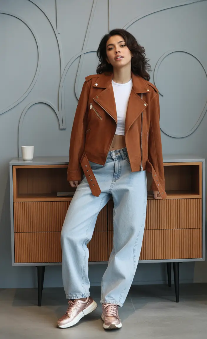 trendy winter outfits 2025/2026 Rust Moto Chic with a Side of Cool