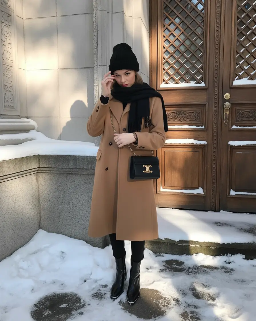 trendy winter outfits 2025/2026 Timeless Snow Chic in Camel and Black