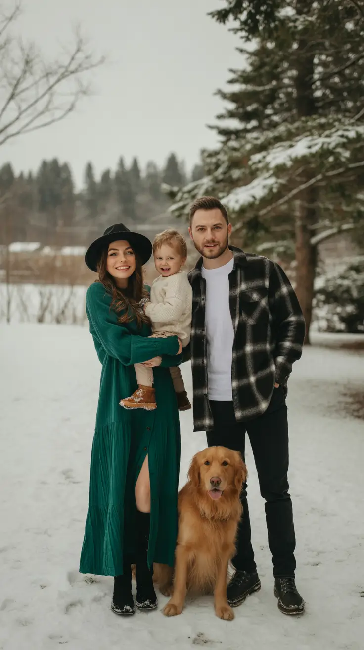 winter family photo outfits 2025-2026 Evergreen Neutrals in the Snow