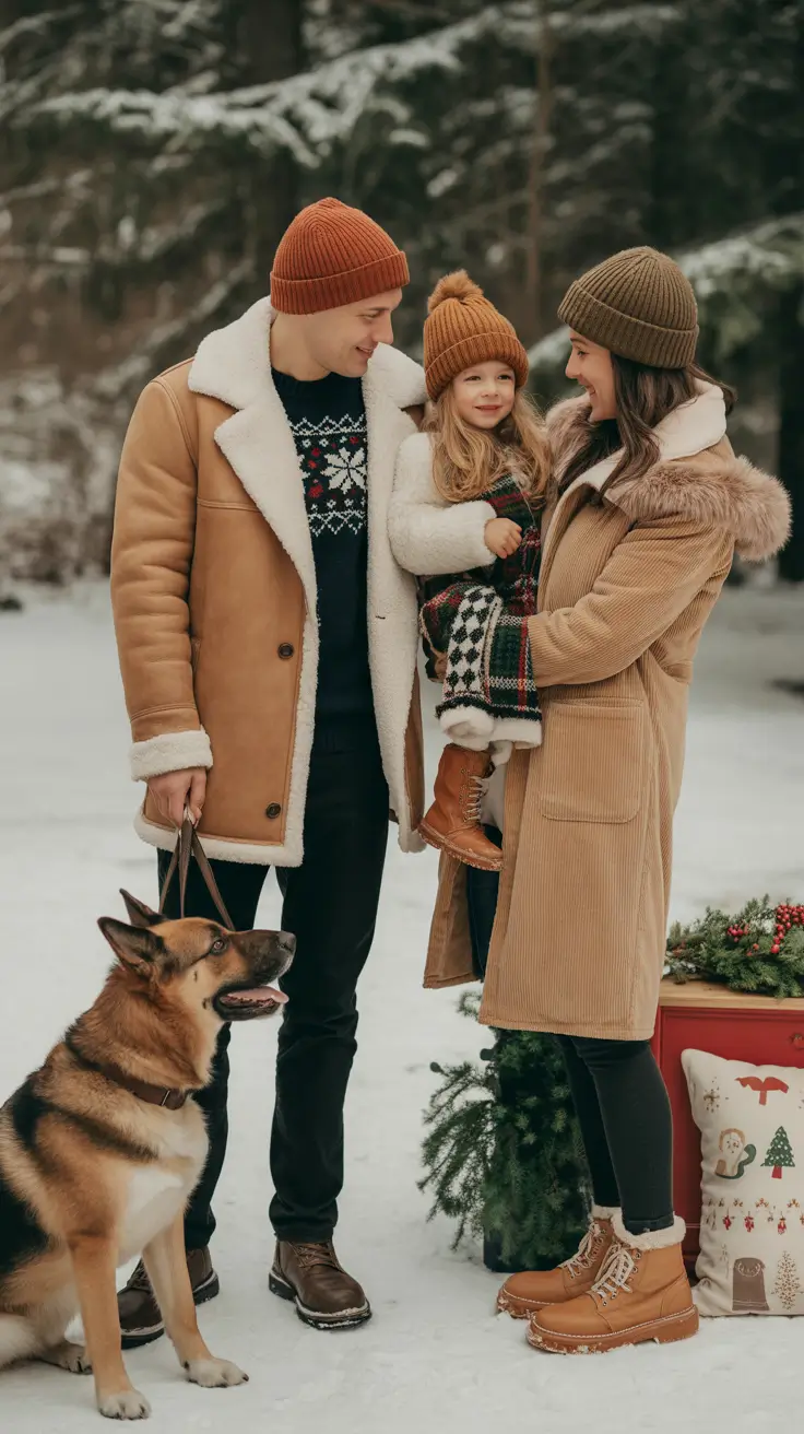 winter family photo outfits 2025-2026 Shearling & Textures in the Woods