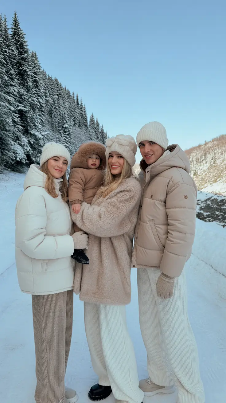 winter family photo outfits 2025-2026 Snowy Creams & Cozy Puffers