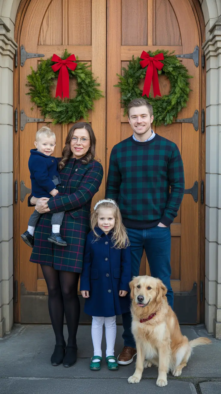 winter family photo outfits 2025-2026 Coordinated Coziness in Navy and Evergreen