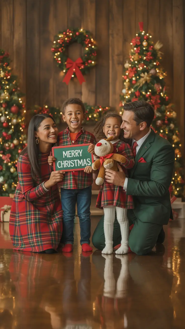 winter family photo outfits 2025-2026 Holiday Plaid Meets Indoor Joy