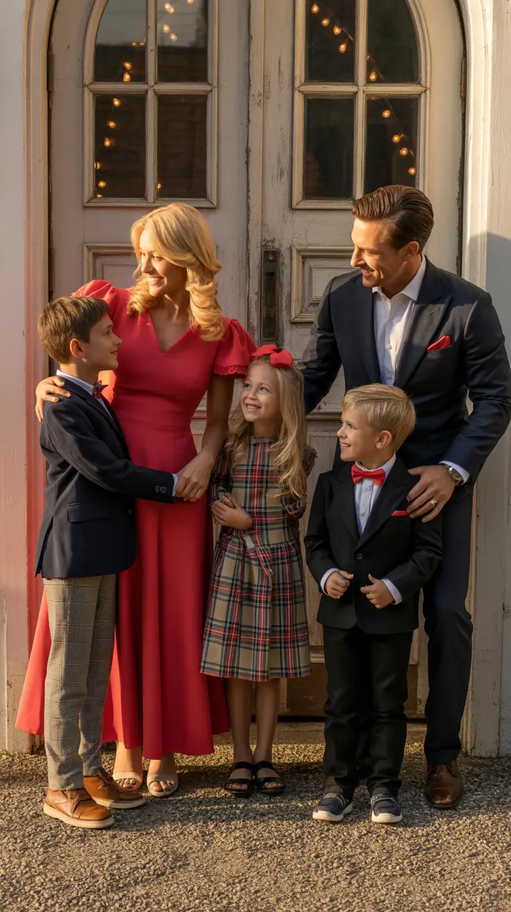 winter family photo outfits 2025-2026 Chic Pops of Red with Structured Fitting