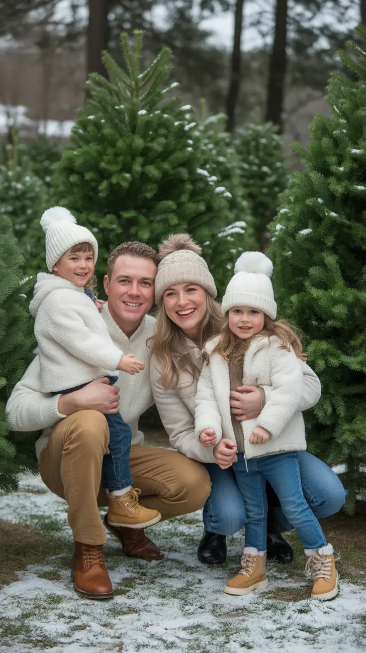 winter family photo outfits 2025-2026 simple, cozy layers for outdoor snow days