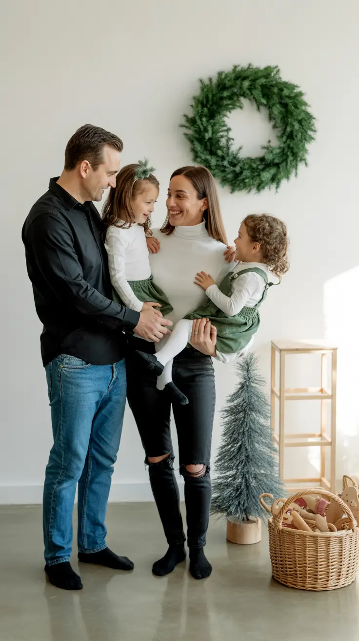 winter family photo outfits 2025-2026 Playful Green and White Minimalism