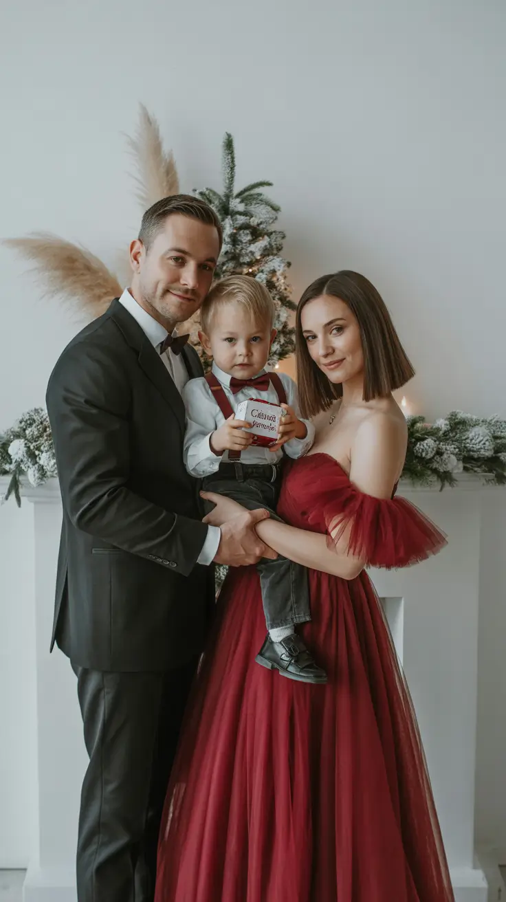 winter family photo outfits 2025-2026 Deep Ruby & Dapper Neutrals