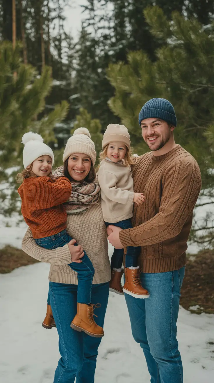 winter family photo outfits 2025-2026 Chunky Knits & Pine Forest Dreams