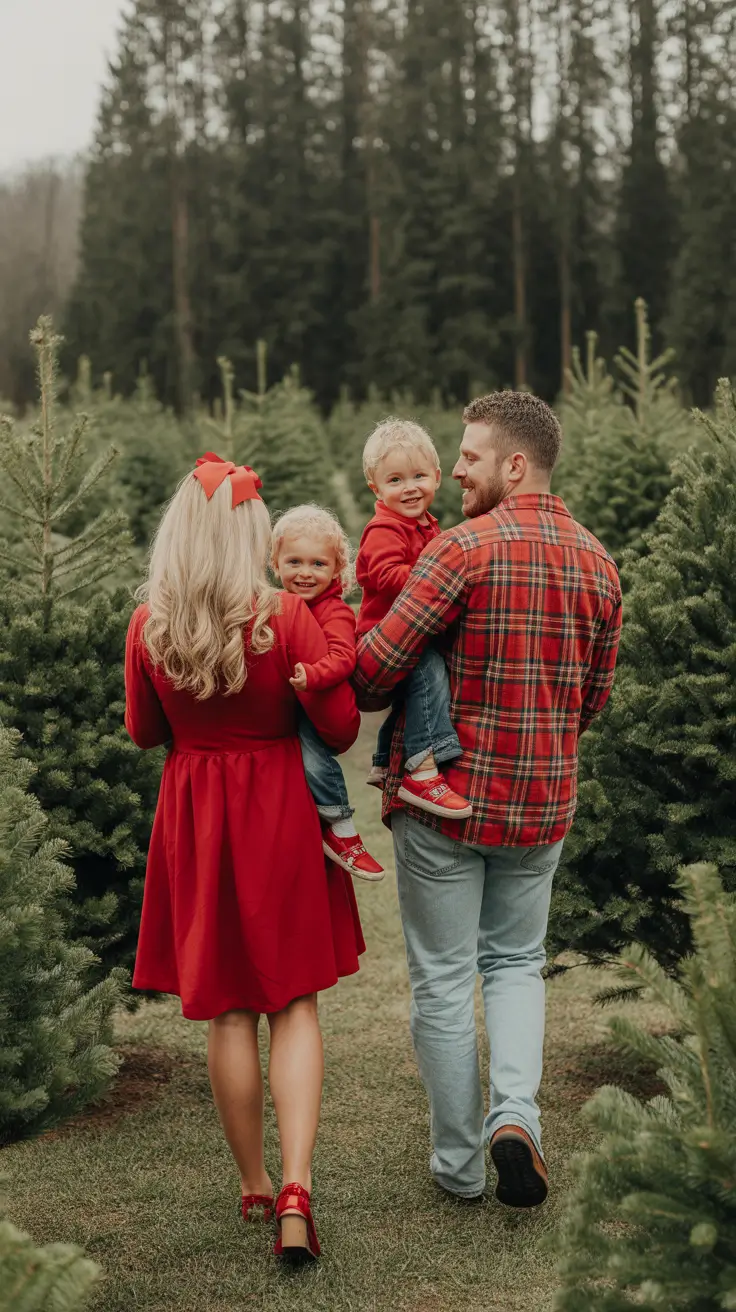 winter family photo outfits 2025-2026 Classic Red and Plaid With a Twist