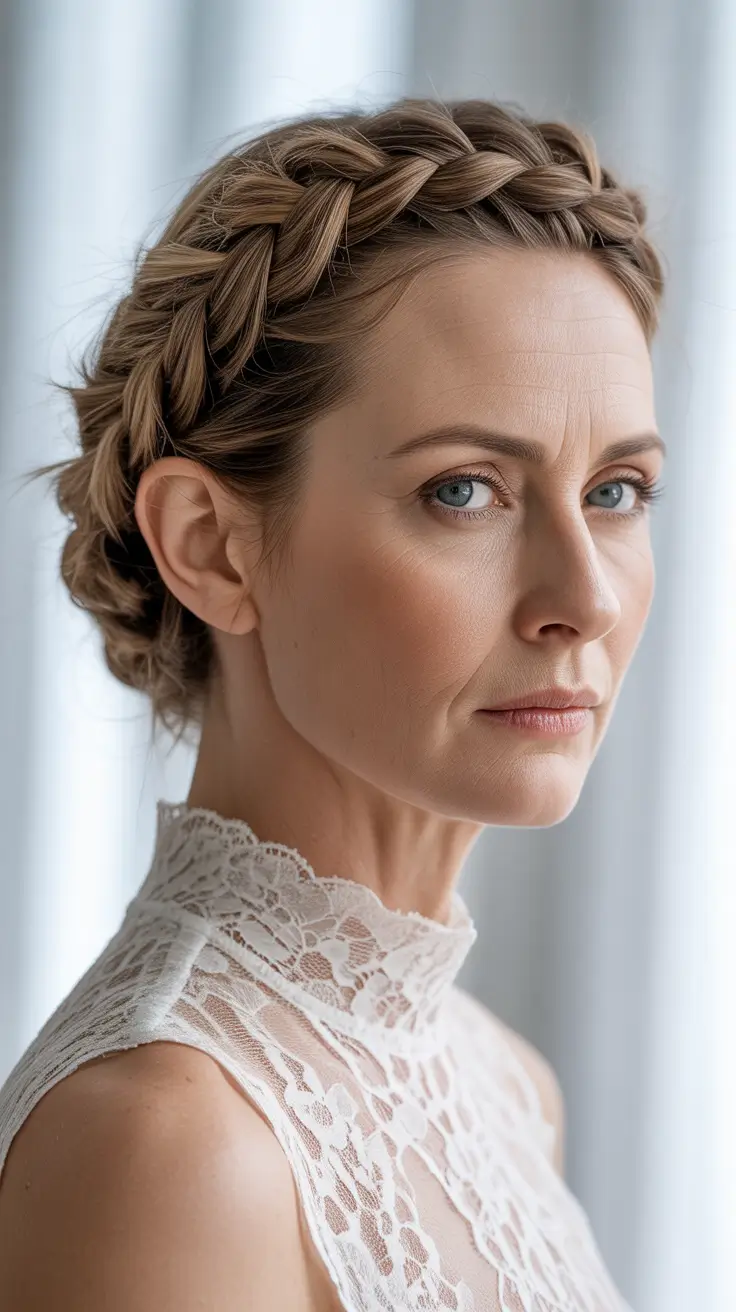 winter hairstyles and color for women over 50 2025-2026 Romantic Crown Braid