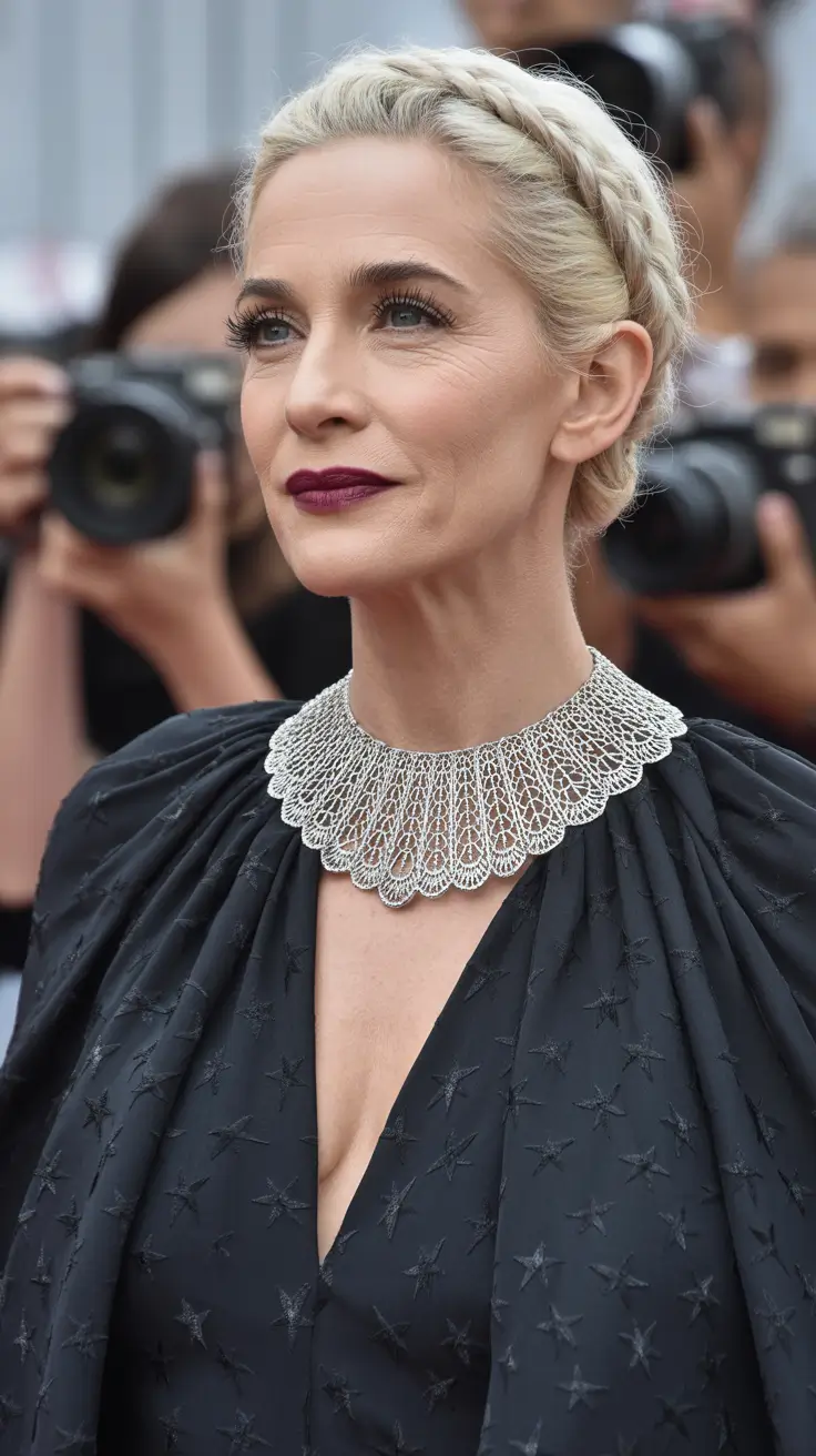 winter hairstyles and color for women over 50 2025-2026 Chic Braided Updo for Formal Evenings