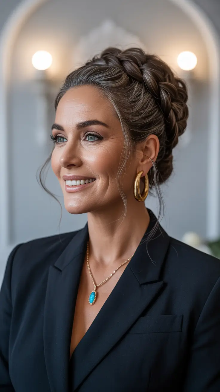 winter hairstyles and color for women over 50 2025-2026 Modern Braided Bun with Loose Strands