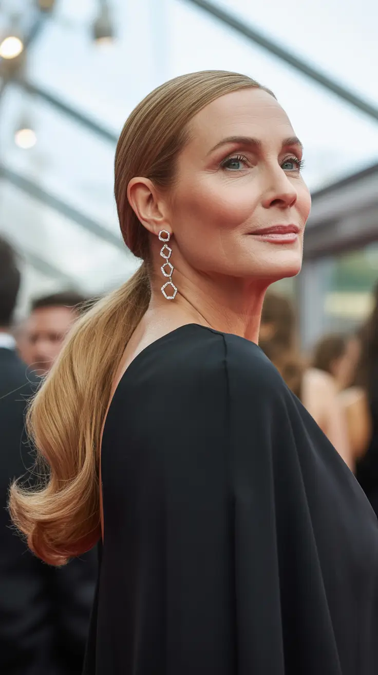 winter hairstyles and color for women over 50 2025-2026 Sleek Formal Ponytail with a Polished Finish