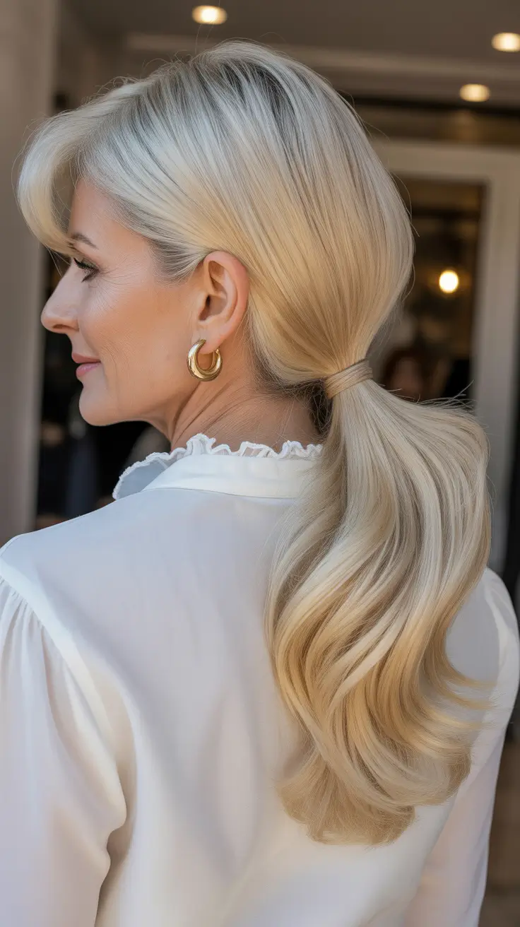 winter hairstyles and color for women over 50 2025-2026 Voluminous Blonde Ponytail with Soft Layers