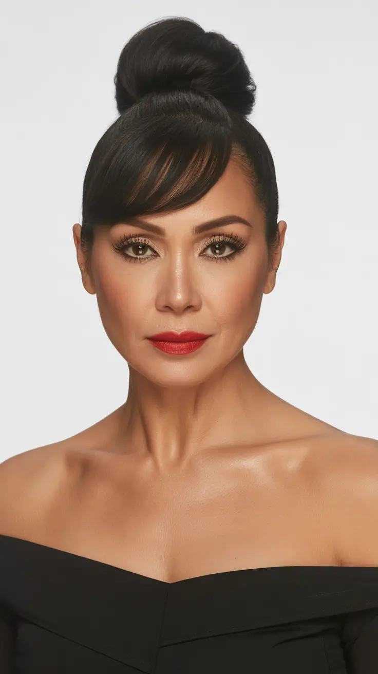 winter hairstyles and color for women over 50 2025-2026 Polished Bun with Fringe