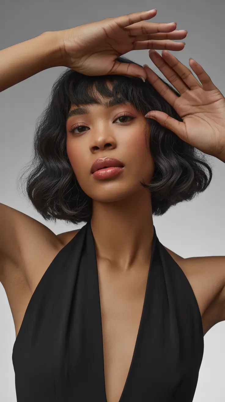 winter bob haircuts 2025-2026 Soft Waves with Fringe Drama