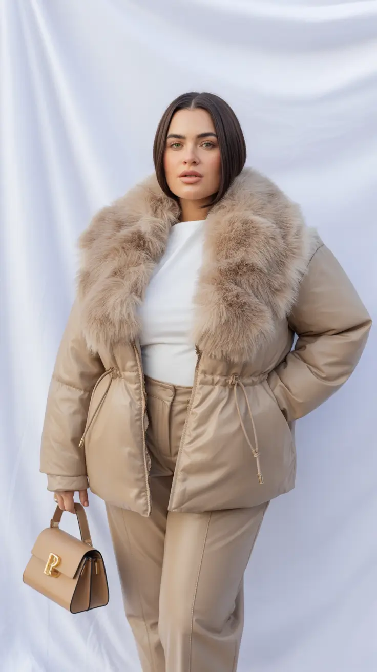 curvy winter outfits 2025-2026 Soft Camel Neutrals With a Fur-Collar Twist
