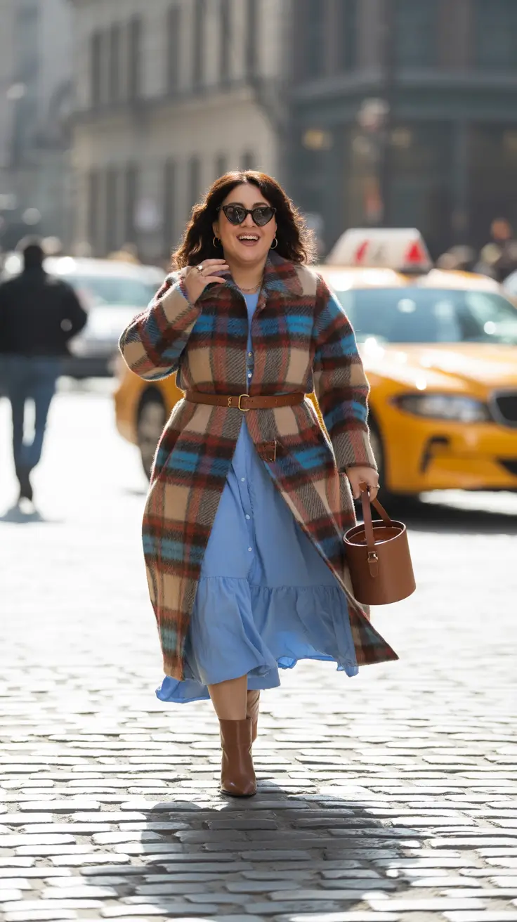 curvy winter outfits 2025-2026 Belted Plaid Elegance with a Soft Blue Base