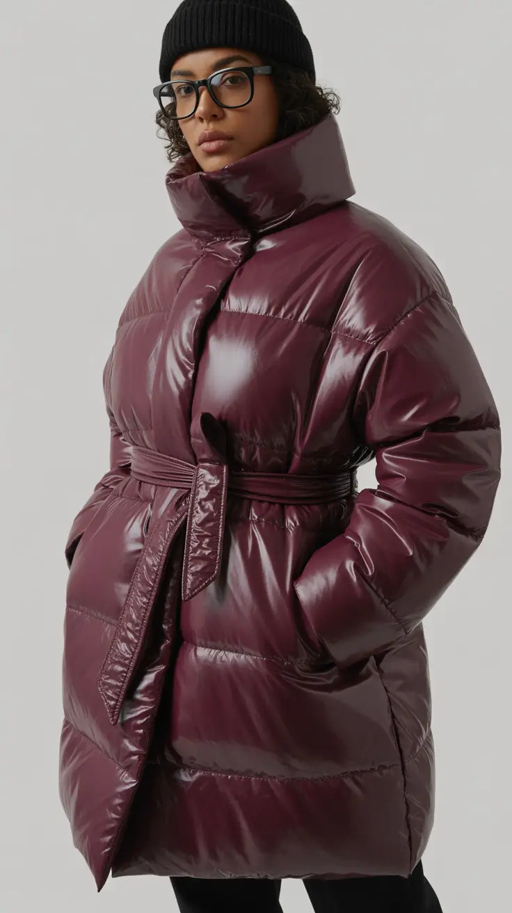 curvy winter outfits 2025-2026 Structured Puffer in Glossy Burgundy