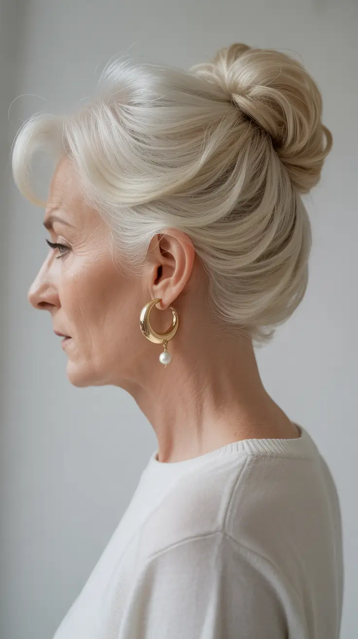 winter hairstyles and color for women over 60 2025-2026 Chic Textured Bun