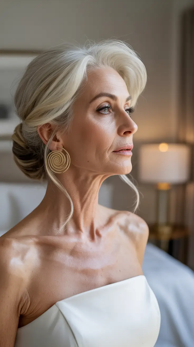 winter hairstyles and color for women over 60 2025-2026 Romantic Soft Bun with Waves