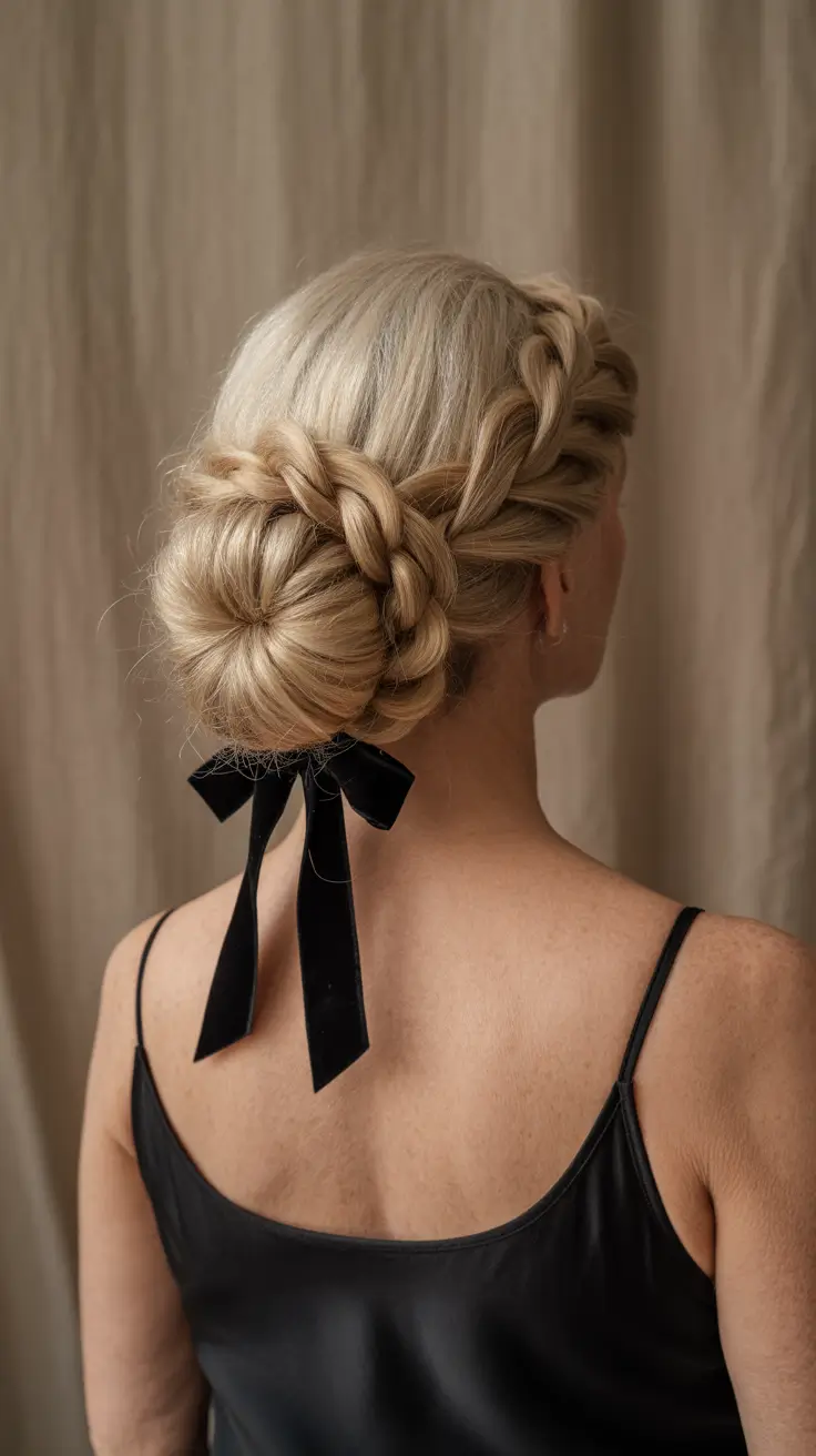 winter hairstyles and color for women over 60 2025-2026 Classic Braided Updo with Velvet Ribbon