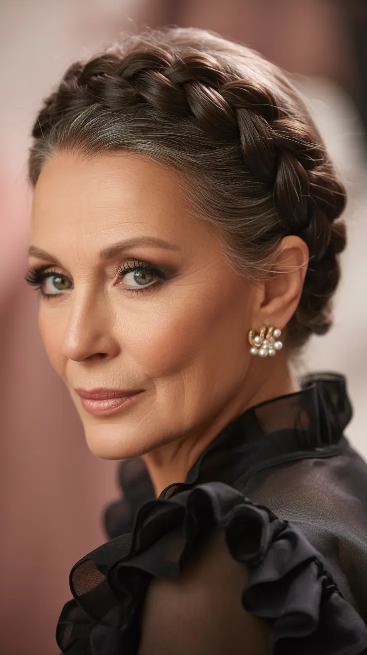 winter hairstyles and color for women over 60 2025-2026 Modern Halo Braid with Smoky Glam