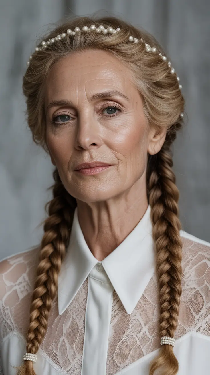 winter hairstyles and color for women over 60 2025-2026 Double Braids with Pearl Accents