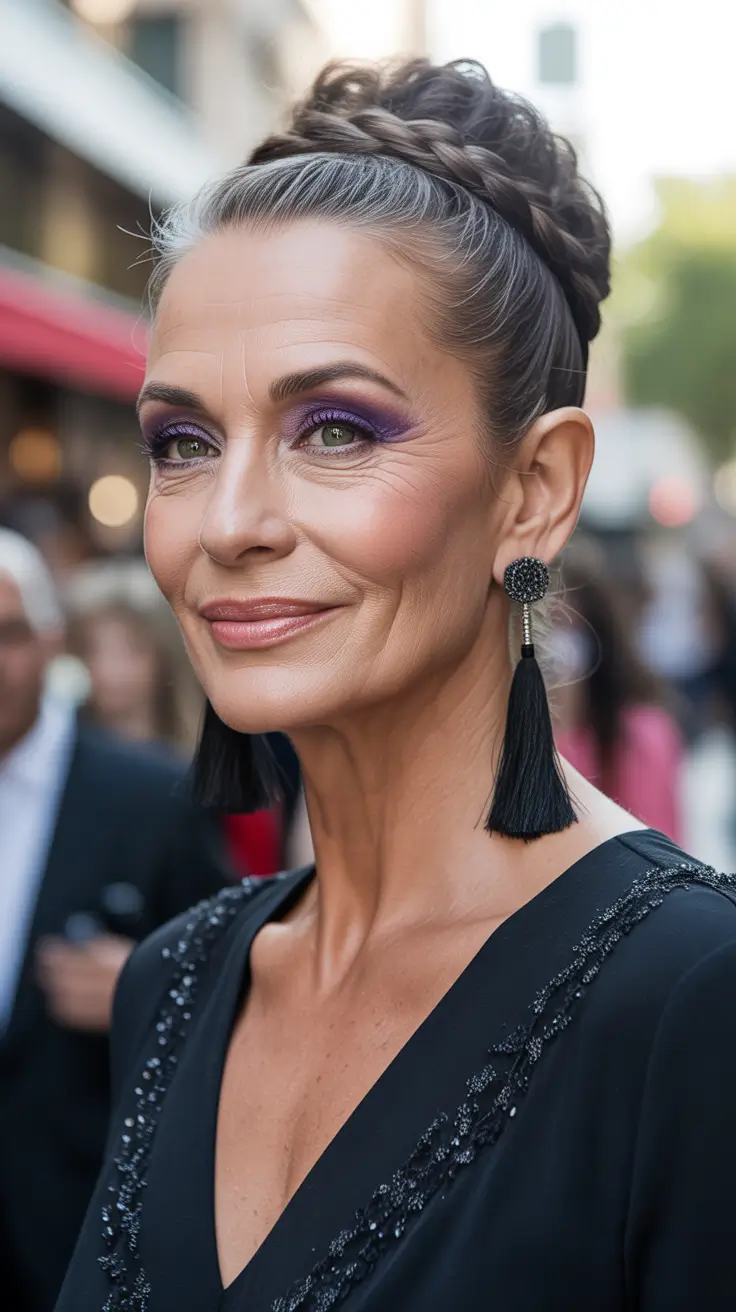 winter hairstyles and color for women over 60 2025-2026 High Braided Bun for Formal Nights