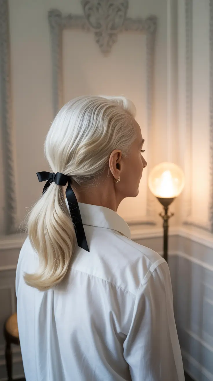 winter hairstyles and color for women over 60 2025-2026 Sleek Ribbon Ponytail