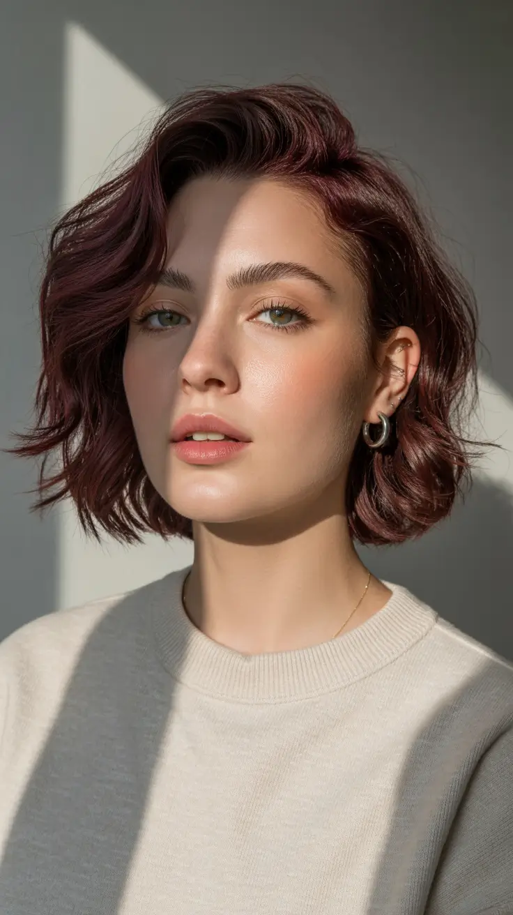 winter hair colors 2025-2026 Soft Burgundy Bob