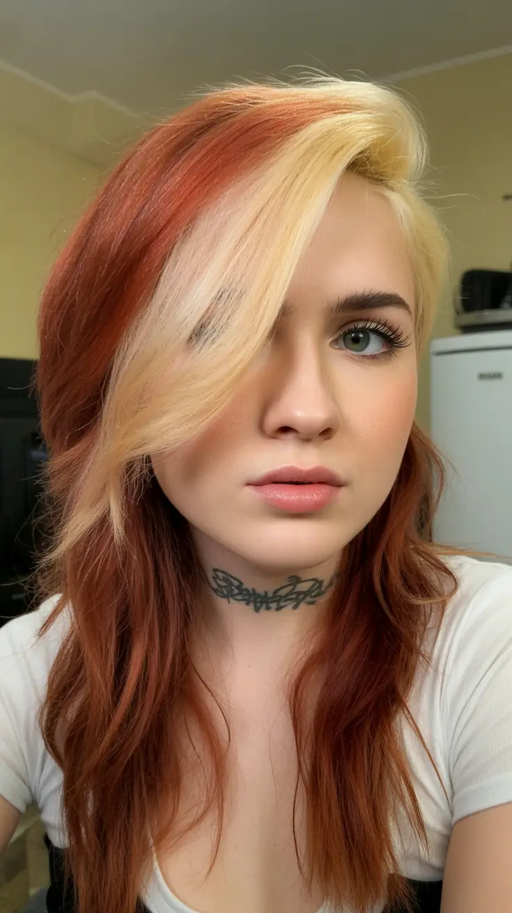 winter hair colors 2025-2026 Bold Auburn with Blonde Streak