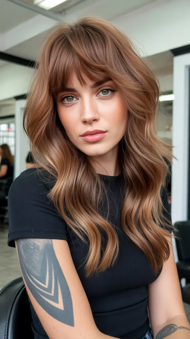 winter hair colors 2025-2026 Warm Chestnut Brunette with Soft Layers