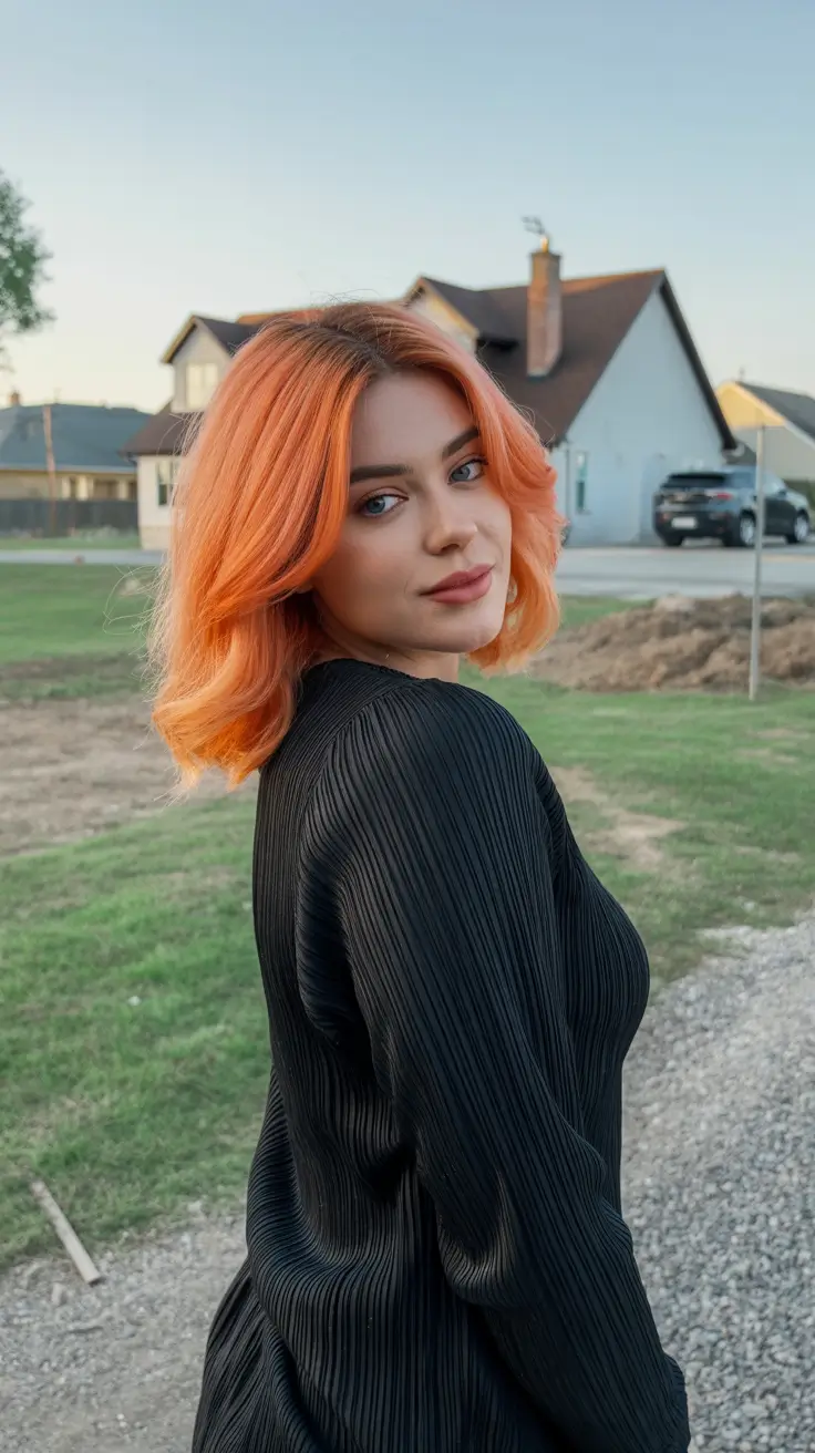 winter hair colors 2025-2026 Peachy-Orange Bob with a Playful Twist
